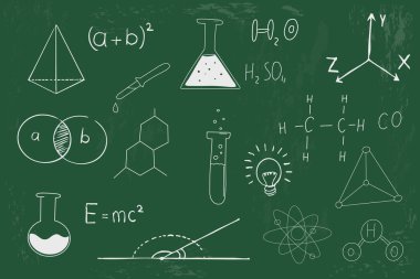 Okulun yeşil karatahta tebeşir çizimine el çizimi elementler. Kimya hesaplamaları, formül laboratuvar mataraları, fikir seti. - Evet. Vektör illüstrasyonu