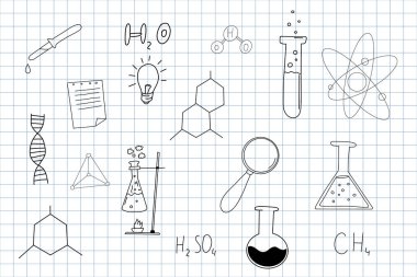 Kimya araştırması el çizimi çizgi simgeleri çizdi. Şişeler ve tüpler okul unsurlarına geri döndü. Eğitim bilimi laboratuarı çizimi. Vektör illüstrasyonu