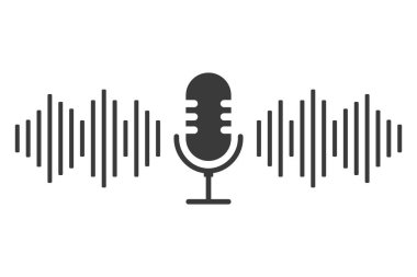 Podcast ikonu ses kaydı, müzik dalgası. Mikrofon sembolü, konuşma, konuşma. Ses kaydı ya da ses kaydı düğmesi. Retro basit simge. Vektör illüstrasyonu