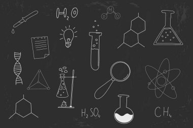 Okulun karatahta tebeşir çizimine el çizimi öğeleri. Kimya hesaplamaları, formül laboratuvar mataraları, fikir seti. - Evet. Vektör illüstrasyonu