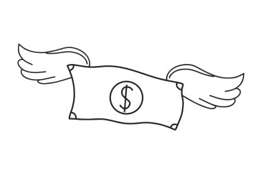Uçan para kanatları çizilmiş kağıt banknot karalar. Dolar karalama işareti seti. El çizimi Dollar Line para çizimi. Basit taslak simgesi. Vektör illüstrasyonu