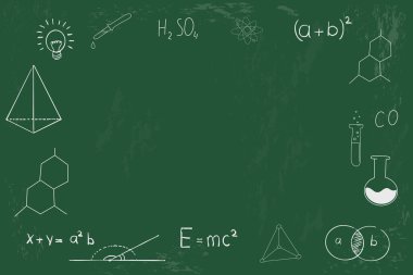 Okulun arka plan bilim karalama unsurları okul yönetiminde. Çizim kalemi desenli set. Matematik, kimya, fizik, eğitim. Vektör illüstrasyonu