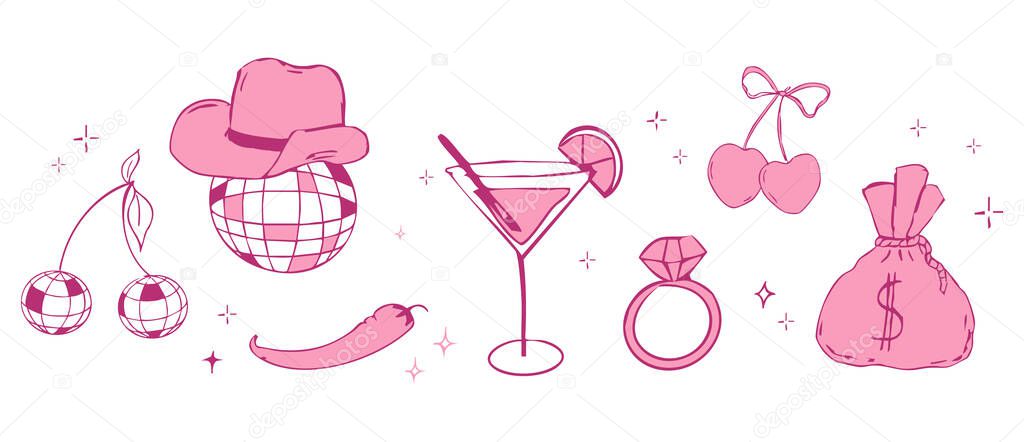 Border Disco ball y2k bachelorette party tattoo sketch. Disco ball pink with hat, vinyl, cherry disco set. Doodle shiny nightlife music illustration. Groovy 2000 party. Vector illustration