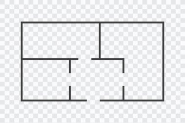 Kat planı basit ikon oda daire modern mobilyasız ev çizimi, kat planı projesi, sembol. Teknik mimari çizimi. Yapı şekli, kapıları ve pencereleri olan bir düzen. Vektör