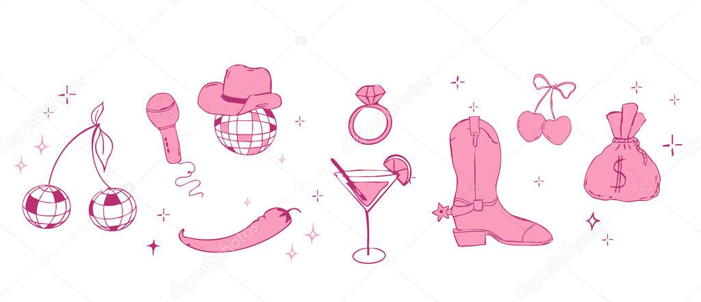 Border Disco ball y2k bachelorette party tattoo sketch. Disco ball pink with hat, vinyl, cherry disco set. Doodle shiny nightlife music illustration. Groovy 2000 party. Vector illustration