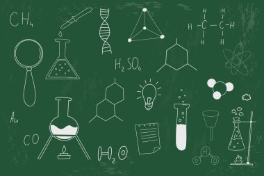 Okulun yeşil karatahta tebeşir çizimine el çizimi elementler. Kimya hesaplamaları, formül laboratuvar mataraları, fikir seti. - Evet. Vektör illüstrasyonu