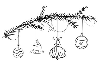Noel ağacı dalında Noel süsleri, iğneli çam, el yapımı tasarım, dekorasyon. Vektör illüstrasyonu