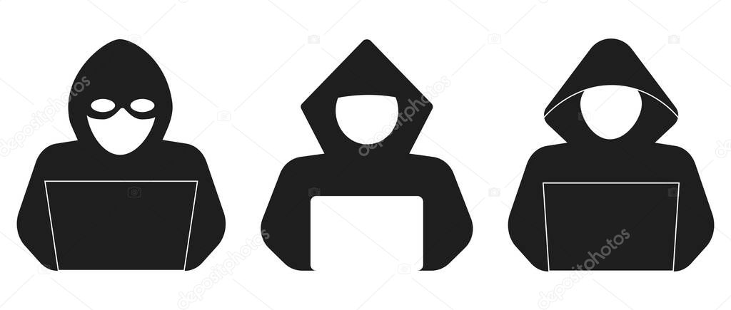 Incognito anonymous character silhouette icon, hacker or scammer with hidden face, villain. Thief, criminal, robber simple sign. . Vector illustration