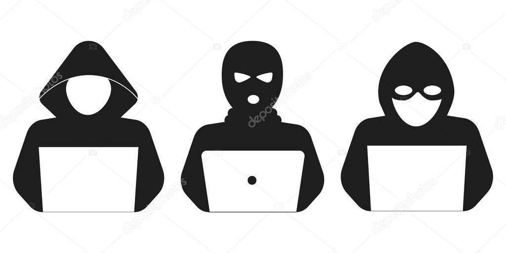 Incognito anonymous character silhouette icon, hacker or scammer with hidden face, villain. Thief, criminal, robber simple sign. . Vector illustration