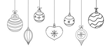 Noel çelenkleri asılı toplar, yıldızlar kar taneleri Noel ve yeni yıl süsleri çiziyor. Tasarım elemanı, kış sınırı, başlık. Vektör illüstrasyonu