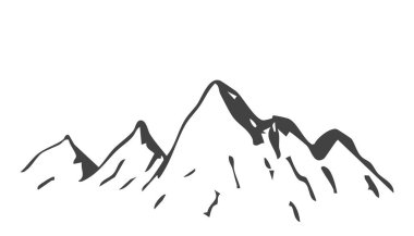 Dağların siluetleri, yüksek dağ eli manzarası, kalem çizgisi, basit sıradağlar için. Retro vintage kayalık arka plan. Vektör illüstrasyonu