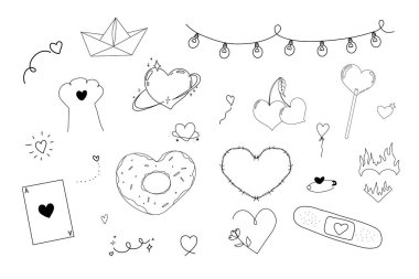 Kalp karalama seti. Şirin basit çelenkler, pati çörekleri Japon tarzı, eskiz süslemeleri. Küçük dövmeli kalem çizimi, kıvrımlı kenar, dekor. Vektör illüstrasyonu