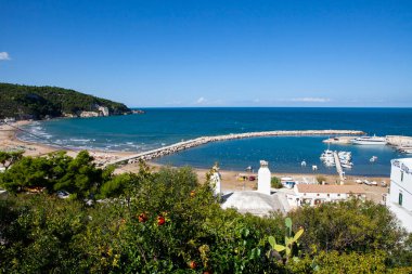 Güneşli Adriyatik kıyı şeridi: Peschici, Apulia bölgesinin tepesinden rıhtımın manzarası, kasabanın sevilen yerel plajının güzelliğini yansıtıyor.