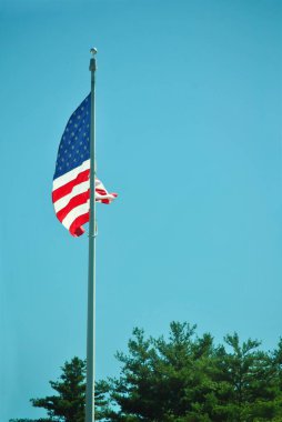 Açık mavi gökyüzünde dalgalanan Amerikan bayrağı.