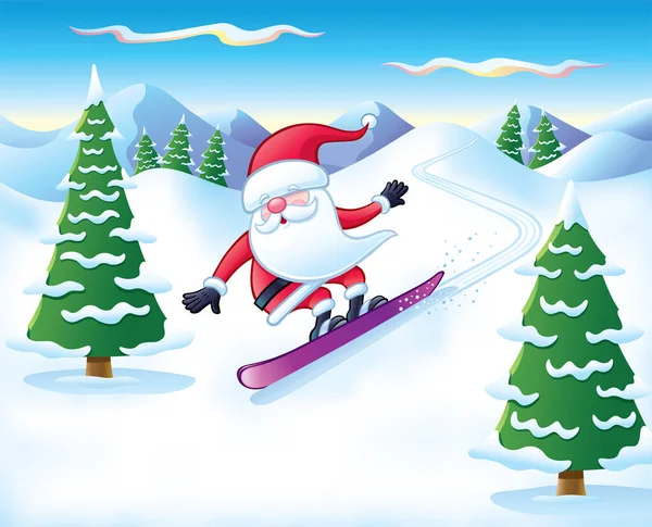サンタクロースのキャラクターは 山の中で美しい一日にスノーボードで斜面を彫る — ストック写真
