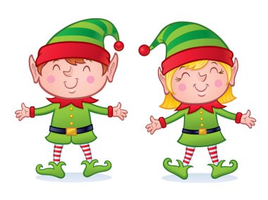 Mutlu, gülümseyen ve sırıtan Noel elfleri kolları açık şekilde giyinmiş..