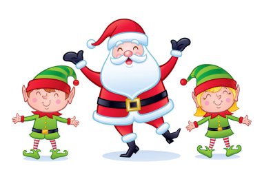 Neşeli ve mutlu görünümlü Noel Baba karakteri, kollarını açıp uzanan, gülümseyen erkek ve kız elfler arasında duruyor..
