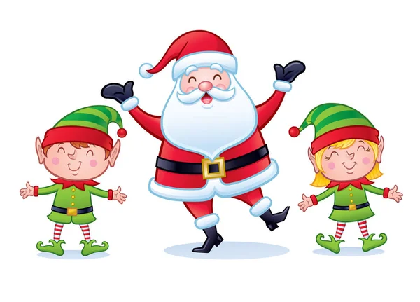 Radosna Szczęśliwa Postać Świętego Mikołaja Stojąca Pomiędzy Uśmiechniętym Chłopcem Elfami — Zdjęcie stockowe