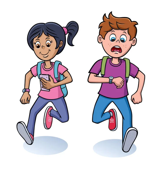Girl Boy Grade Schoolers Running Late Checking Phone Watch Backpacks — Stock Photo, Image