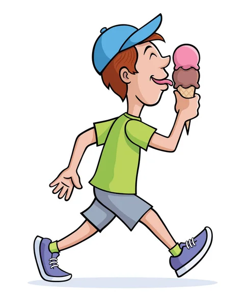 Happy Looking Boy Walking Licking Strawberry Chocolate Flavor Ice Cream — Stock Photo, Image