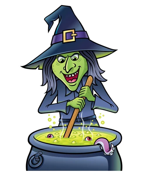 Laughing Green Witch Stirring Bubbling Cauldron Green Liquid Two Eyeballs Stock Photo