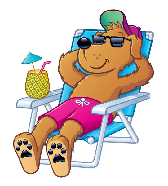 Mayo, güneş gözlüğü ve beyzbol şapkası takan ve plaj sandalyesinde ananas içeceği ile rahatlayan çizgi film karakteri..