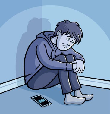 Üzgün görünümlü bir genç kolları bacaklarının arasında bir köşede oturuyor ve yanında bir cep telefonu ile iyi olup olmadığını soruyor..