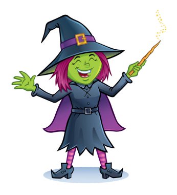 Mutlu ve heyecanlı genç bir cadının çizgi filmi Cadılar Bayramı için bir pelerin giyip sihirli bir değnek tutuyor..