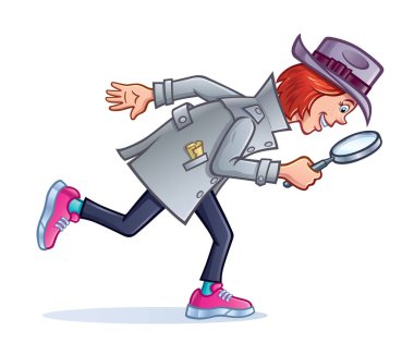 Eski moda bir polis dedektifi gibi giyinmiş, trençkot ve fötr şapka takan ve ipucu ararken büyüteç kullanan genç bir kızın karikatürü..