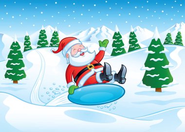 Mutlu ve neşeli bir Noel Baba karakteri karlı dağlarda kar taneleri düşerken tepelerin üzerinden uçuyor..