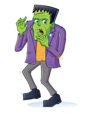 Cadılar Bayramı 'nda kolları havada, korkmuş yeşil Frankenstein canavarı çizgi filmi..