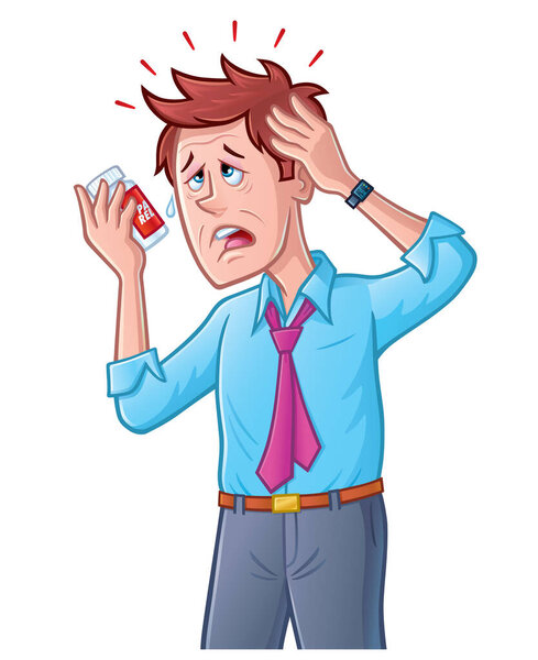 Cartoon of a pained looking business man that has a big headache and is holding his head and has a big bottle of pain reliever in the other hand.