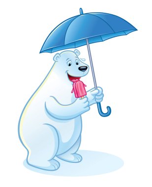 Küresel ısınma ve iklim değişikliğinin etkileri yüzünden soğuyacak olan donmuş meyveli dondurmayı yalayan bir kutup ayısının karikatürü..