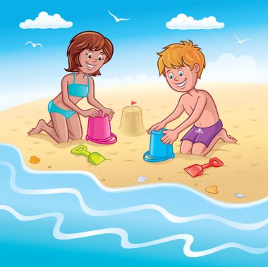 Plaj boyunca plajda plastik kova ve kürekle kumdan kaleler yapan mayolu bir kız ve erkek çocuk çizgi filmi..