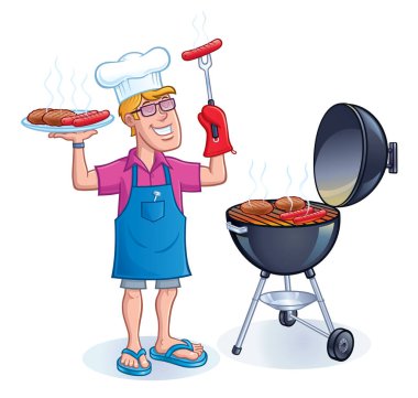 Mavi önlüklü, kırmızı fırın eldivenli, elinde ızgara hamburger ve sosisli tepsisiyle ızgara ızgaranın yanında hamburger ve sosisli sandviç tutan sırıtan adamın çizgi filmi..