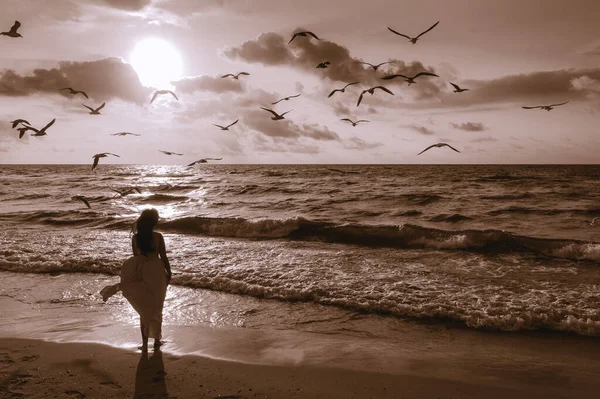 日出时的海景海滩上的女人一个穿着飘飘欲仙的衣服的年轻而快乐的女人沿着海滨散步 — 图库照片