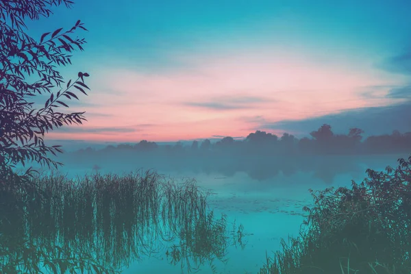 Волшебный Спокойный Восход Солнца Над Озером Туманное Раннее Утро Сельский — стоковое фото