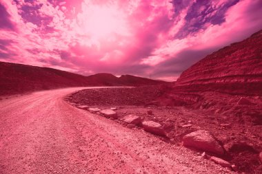 Mountain landscape. Desert in Viva Magenta trendy color toning. National Park Makhtesh Ramon Crater in Negev desert, Israel
