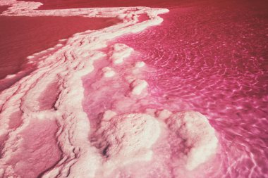 Texture of Dead sea. Salty sea shore. Viva magenta toning