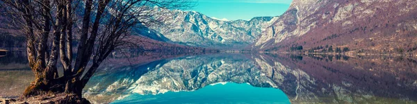Mountain lake with beautiful reflection. Lake Bohinj in early spring. Triglav national park. Slovenia. Horizontal banner