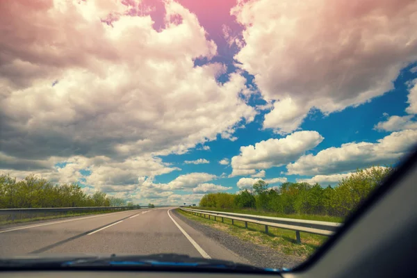 Highway Cloudy Sky Summer View Road Windscreen — Stock Photo, Image