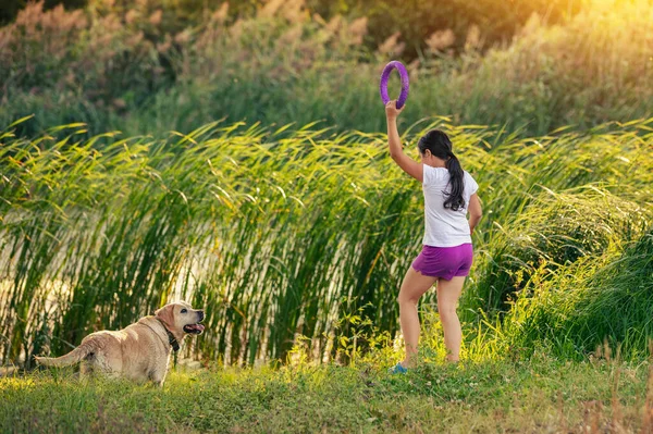 Young Girl Dog Plays Lake Girl Holding Ring — Stock Photo, Image