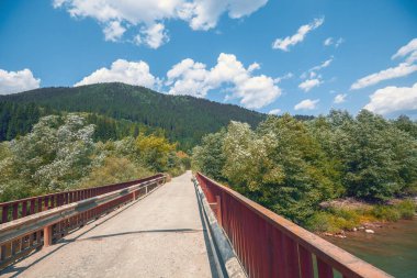 Yaz mevsiminde dağ nehri üzerinde yol köprüsü