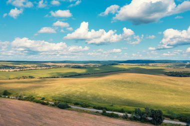 Kırsal kesimin yukarısından bak. Güneşli bir yaz gününde buğday ve ekilebilir tarlaların manzarası