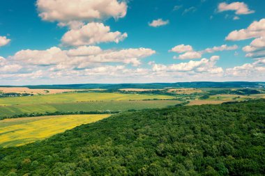 Kırsal kesimin yukarısından bak. Yazın tepelerde ekili tarlalar ve yeşil orman manzarası