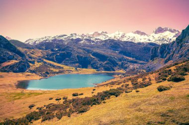 Güzel dağ manzarası. Avrupa Tepeleri (Picos de Europa) Ulusal Parkı. Ercina Gölü. Asturias, İspanya, Avrupa