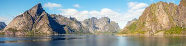 Akşamları kayalık deniz kıyısında. Norveç 'in güzel doğası. Resimli İskandinav manzarası. Lofoten Adaları, Norveç, Avrupa