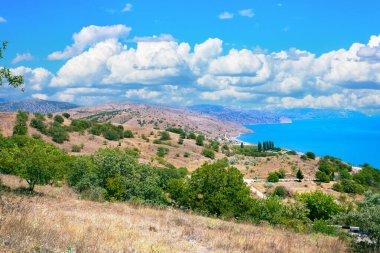 Yazın deniz manzarası. Güzel dağ kıyıları
