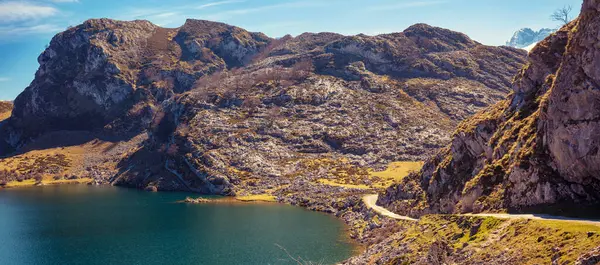 stock image Beautiful mountain landscape. Peaks of Europe (Picos de Europa) National Park. A glacial Lake Enol. Asturias, Spain. Horizontal banner