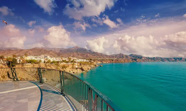 stock image View of the Malaga coastline from the Balcony of Europe. Calahonda beach. Nerja, Malaga, Spain